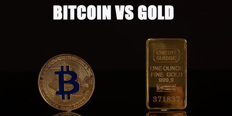golden bitcoin and gold bar with bitcoin vs gold text on black background cc by 20 scaled