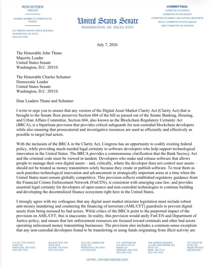Senator Wyden Urges Preservation Of BRCA In CLARITY Act